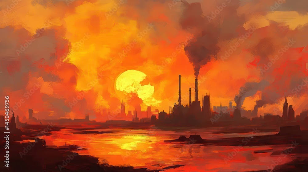 Industrial Landscape at Sunset with Vibrant Orange and Red Colors Industrial Landscape at Sunset with Vibrant Orange and Red Colors