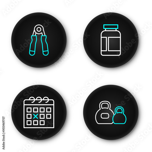 Set line Kettlebell, Calendar fitness, Sports nutrition and expander icon. Vector