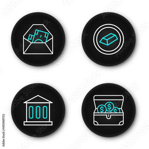 Set line Treasure chest, Bank building, Gold bars and Envelope with dollar symbol icon. Vector