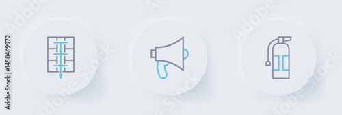 Set line Fire extinguisher, Megaphone and Evacuation plan icon. Vector