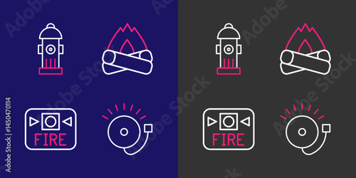 Set line Ringing alarm bell, Fire system, Campfire and hydrant icon. Vector