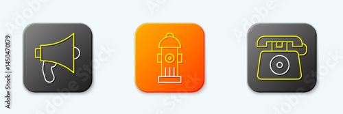 Set line Megaphone, Fire hydrant and Telephone call 911 icon. Vector