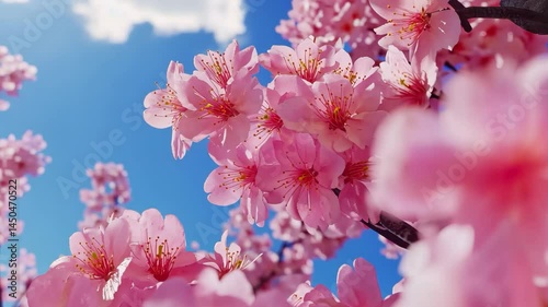 Beautiful pink cherry blossoms and magnolia flowers blooming on a spring tree