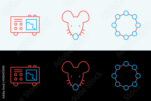 Set line Chemical formula, Spectrometer and Experimental mouse icon. Vector
