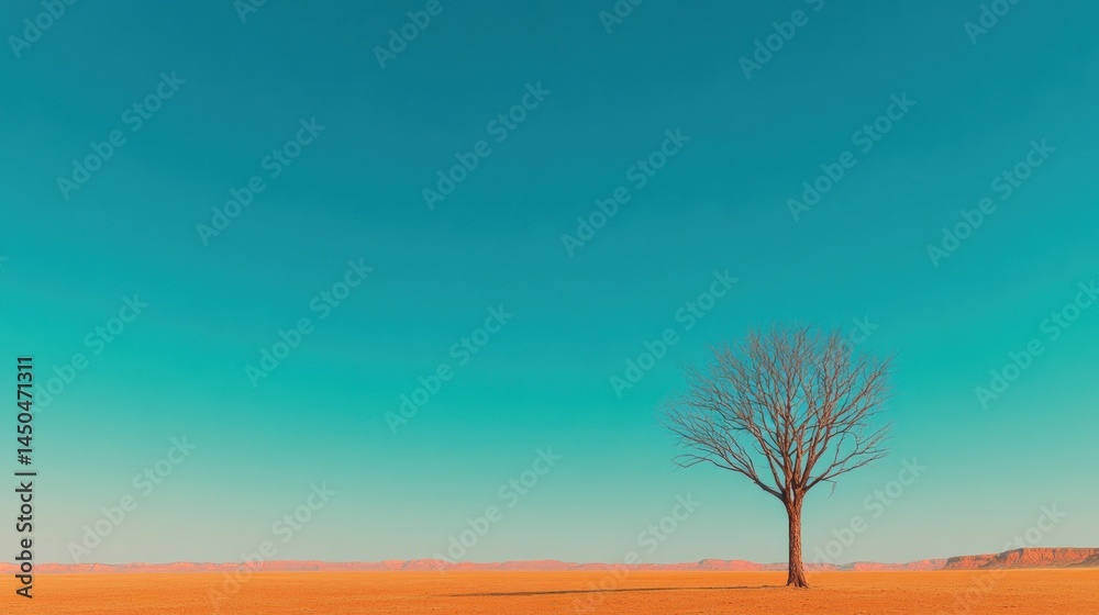 Fototapeta premium Leafless tree in expansive desert landscape under teal sky