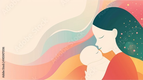 Soft pastel abstract illustration of a mother tenderly kissing her newborn baby on the forehead with flowing colorful background and gentle warm atmosphere