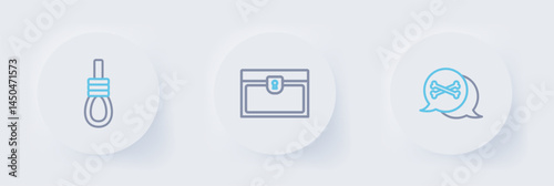 Set line Location pirate, Antique treasure chest and Gallows rope loop hanging icon. Vector