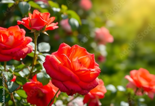 Roses Blooming Beautifully, Soft Sunlight Adding Warmth, Dew Drops Glistening On Petals. Delicate Flowers Present The Beauty Of Nature. Serene Garden Scene. Perfect Gift For Loved Ones.