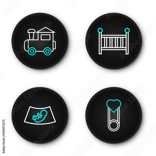 Set line Baby clothes pin, Ultrasound of baby, crib cradle and Toy train icon. Vector