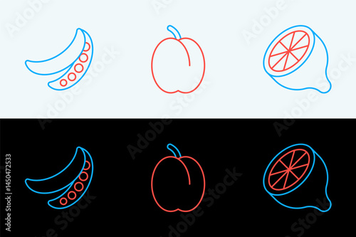 Set line Lemon, Green peas and Plum fruit icon. Vector