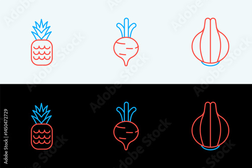 Set line Onion, Pineapple and Beet icon. Vector