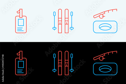 Set line Winter fishing, Identification badge and Ski and sticks icon. Vector