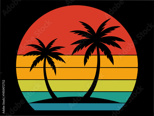 retro sunset beach palm trees vector illustration black background