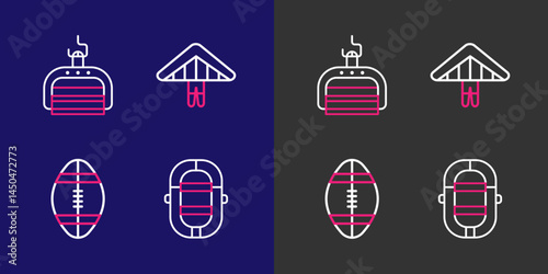 Set line Rafting boat, Rugby ball, Hang glider and Ski lift icon. Vector