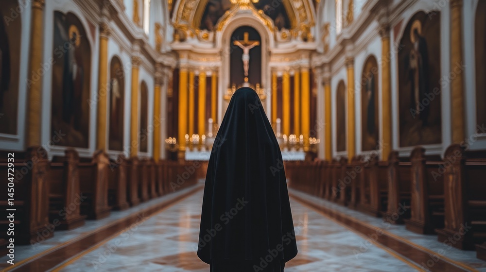 Naklejka premium Nun in a Cathedral: A Moment of Faith and Reflection