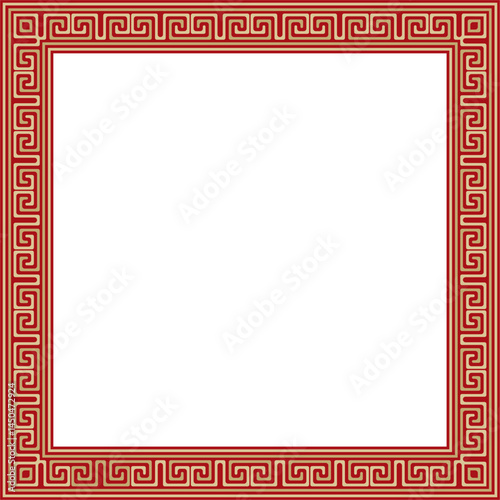 Vector gold with red classic Greek square ornament. Rectangle of Ancient Greece and Roman Empire. Byzantine painting of walls, floors and ceilings. Decoration of European palaces.
