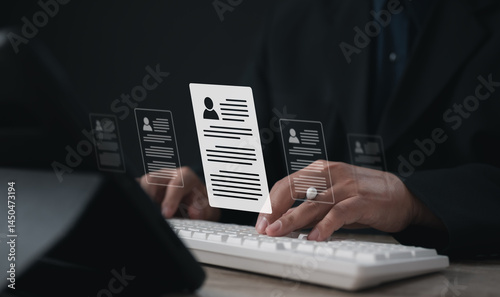 Recruitment people or Human Resource Management (HR) concept : Bussinessman using laptop for human development recruitment leadership and customer target group to enter the position in company.