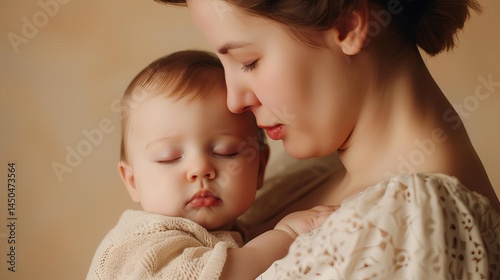 Tender motherly love and nurtu care with a gentle embrace between a young mother and her sleeping baby in warm soft lighting and intimate portrait setting