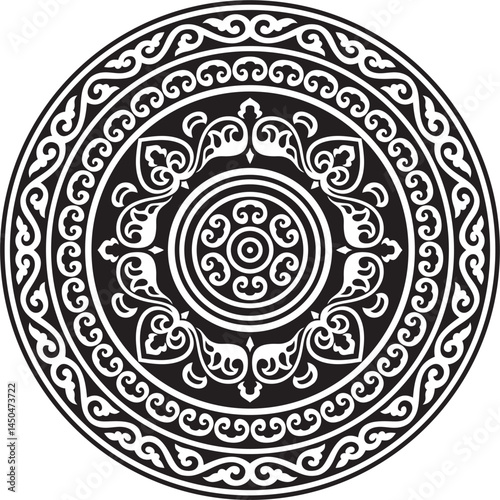 Vector round black monochrome ancient Russian ornament. Slavic border, frame. Circle, ring. Painting of the royal chambers.
