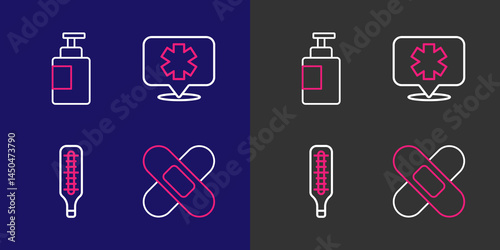 Set line Crossed bandage plaster, Medical thermometer, symbol of Emergency and Hand sanitizer bottle icon. Vector