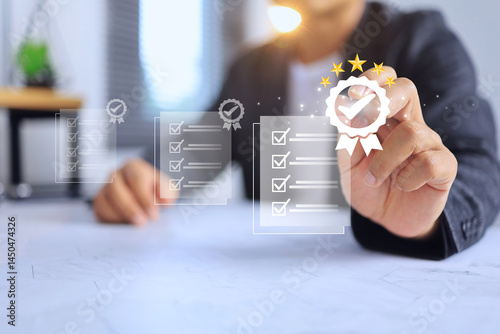 hand writing to approved certification with check mark on the document means that it has been certified to a quality standard or has passed an audit according to industry standards photo