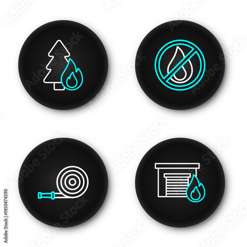 Set line Fire in burning garage, hose reel, No fire and Burning forest tree icon. Vector