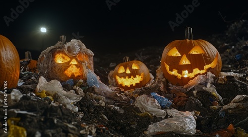 Halloween Jack-O'-Lanterns from Plastic Bags in Garbage Dump.
