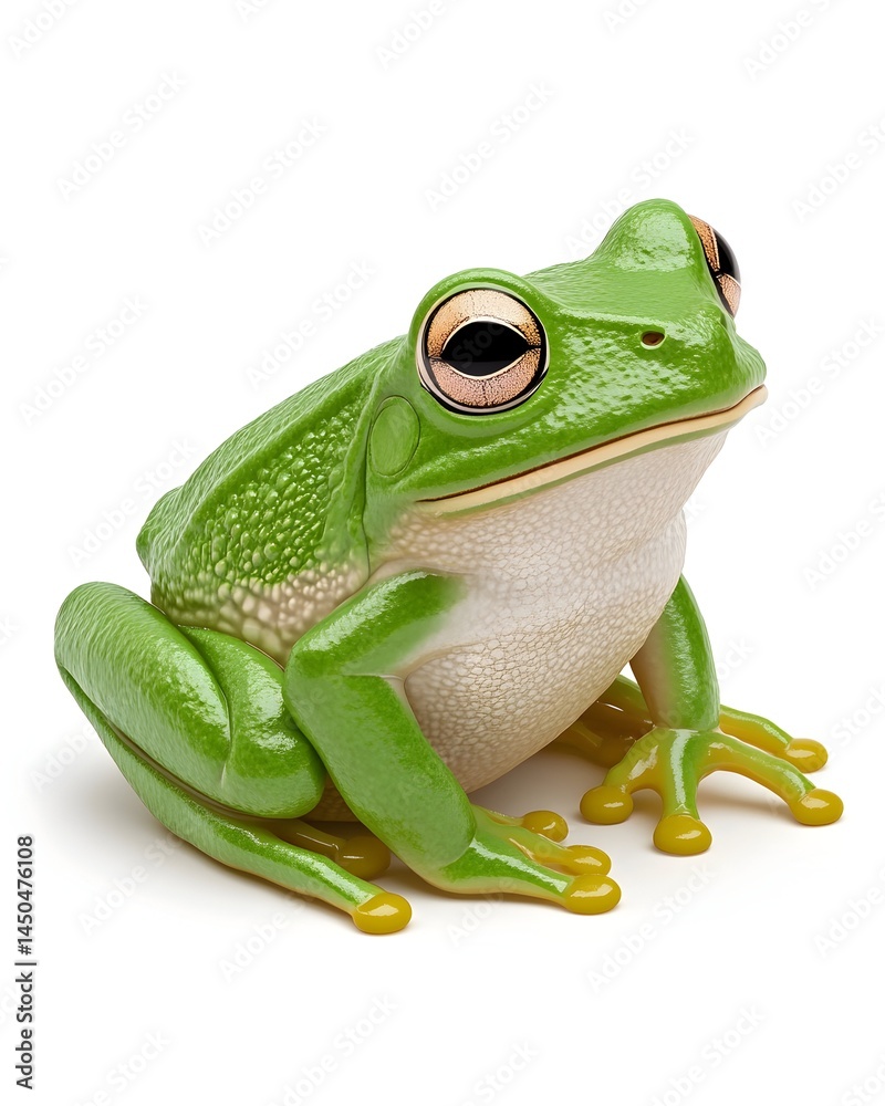 Obraz premium A vibrant green tree frog, plump body, large eyes, sits against a stark white background