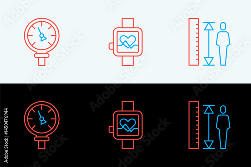 Set line Measuring height body, Pressure water meter and Smart watch icon. Vector
