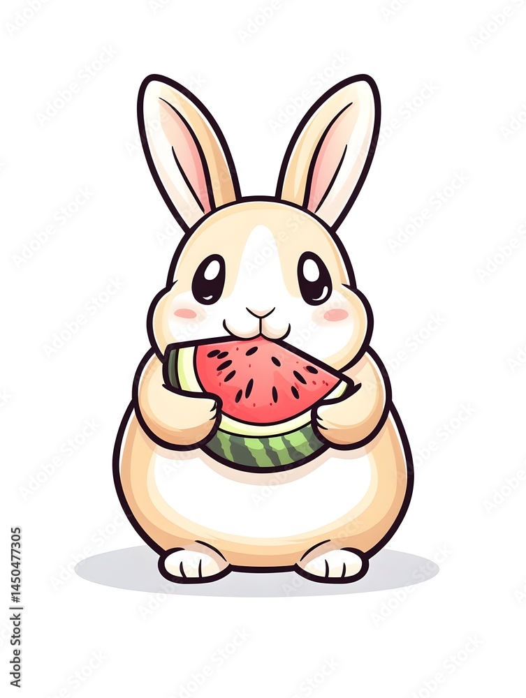 Fototapeta premium Adorable cartoon bunny happily holding a juicy watermelon slice