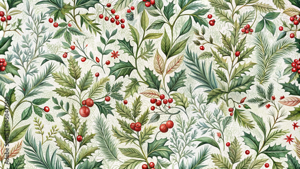 Christmas botanical  seamless pattern with holly, berries, and pine needles. Use for holiday wrapping paper, cards, or festive backgrounds.