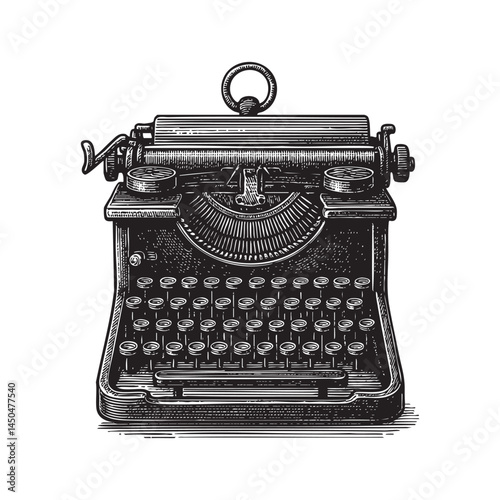 Mechanical typewriter woodcut engraving vector illustration