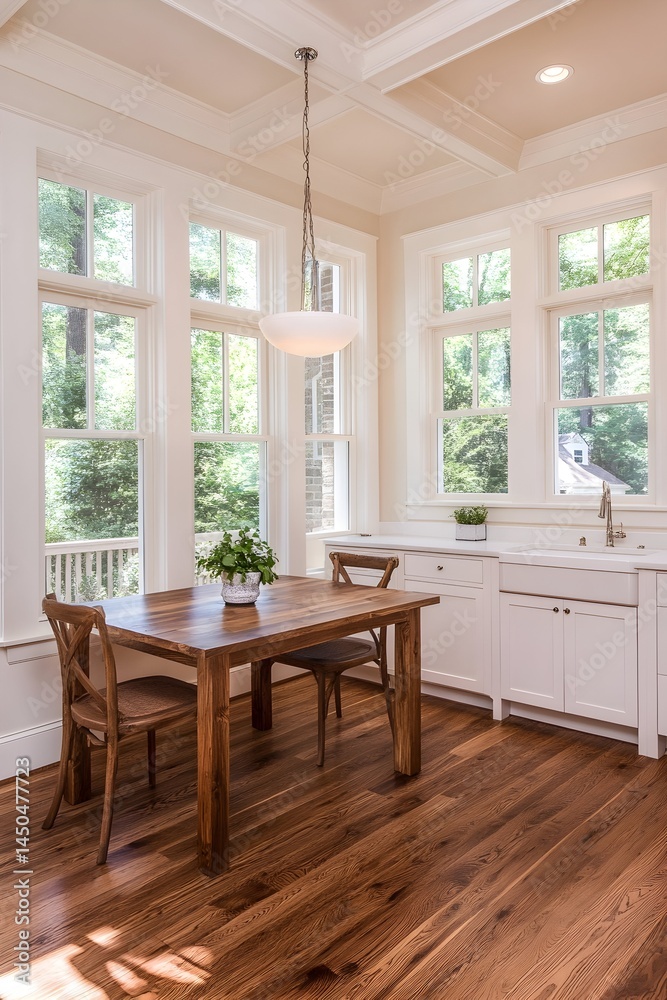 Fototapeta premium Bright breakfast nook with hardwood floors, a wooden table, white cabinets, and numerous windows offering ample natural light