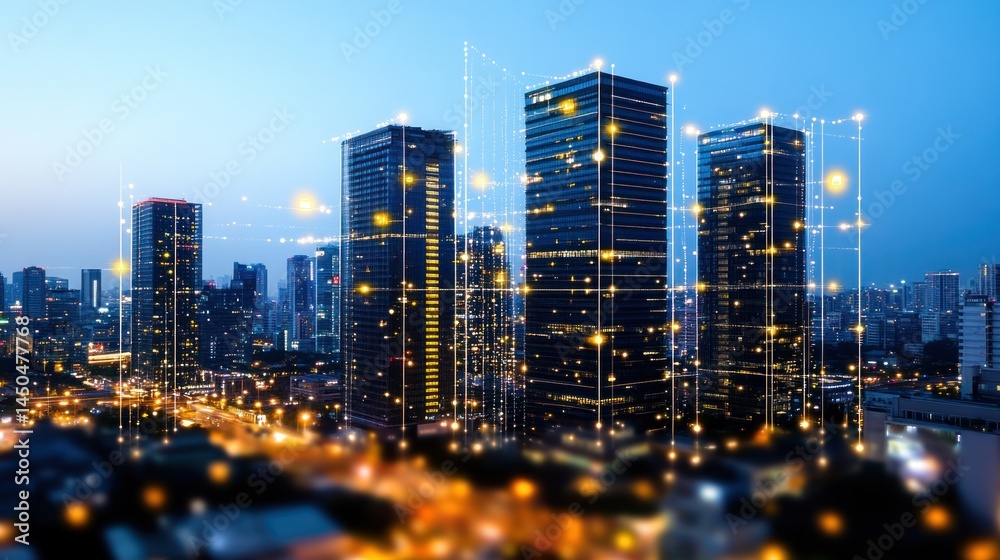 Fototapeta premium Connected city buildings at twilight with network
