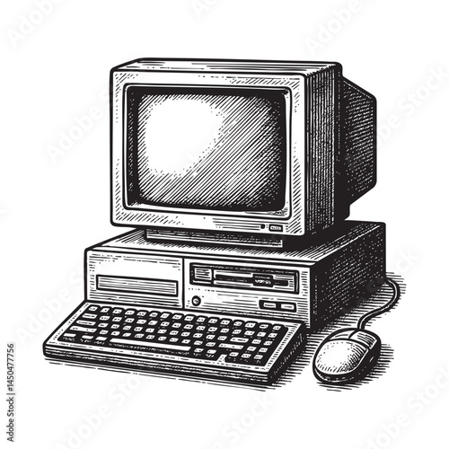 classic desktop computer woodcut engraving vector illustration