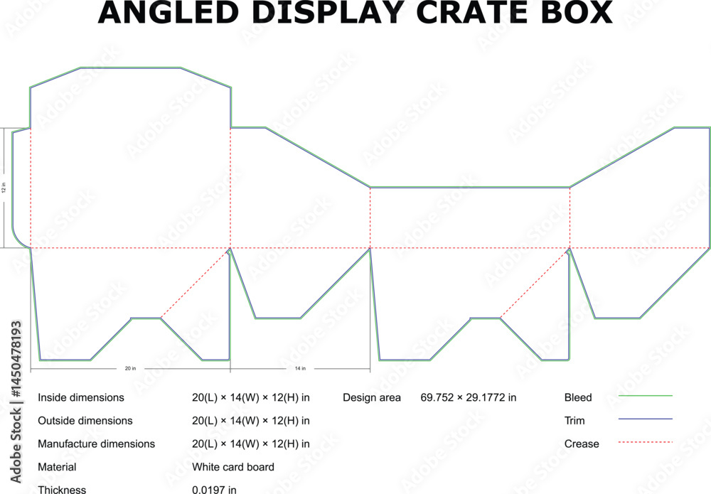 Detailed blueprint of angled display crate box with dimension specifications for precise product packaging purposes. Detailed blueprint of angled display crate box with dimension specifications for precise product packaging purposes.