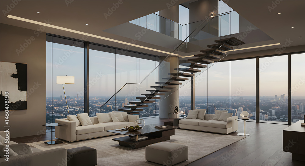 Fototapeta premium Elegant Apartment With City View And Modern Staircase For Luxury Living