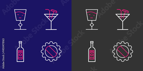 Set line Bottle cap, Glass bottle of vodka, Cocktail and Wine glass icon. Vector