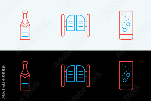 Set line Effervescent tablets in water, Champagne bottle and Saloon door icon. Vector