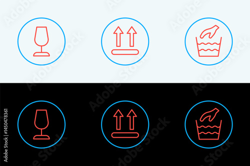 Set line Hand wash laundry, Fragile broken glass and Temperature icon. Vector