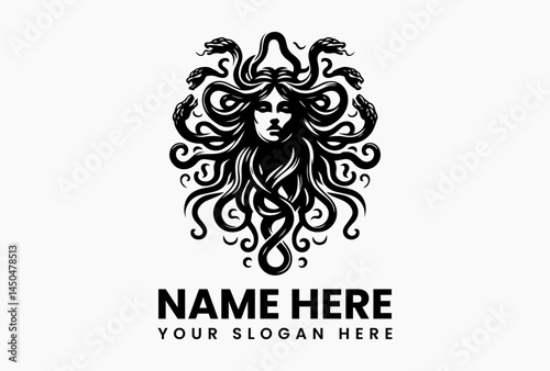 Artistic vector logo of Medusa with snake-covered head, mythological gorgon symbol isolated on white background for ancient, mystical, and fantasy branding  