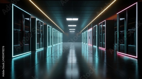 Futuristic data center corridor with neon-lit server cabinets reflecting on polished floor