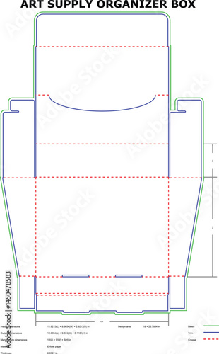 Detailed schematic of an art supply organizer box design showcasing measurements and folding lines for accurate construction.