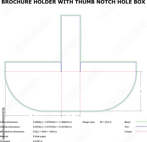 Detailed dimensional illustration of a brochure holder box with a thumb notch hole design used for product packaging and marketing.