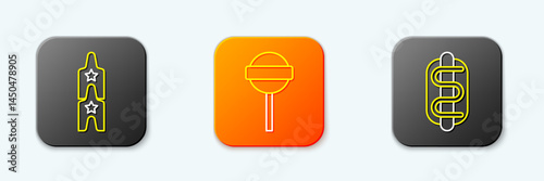 Set line Boat swing, Lollipop and Hotdog sandwich icon. Vector