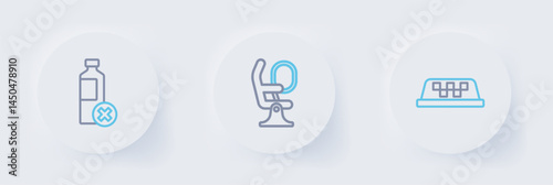 Set line Taxi car roof, Airplane seat and No water bottle icon. Vector