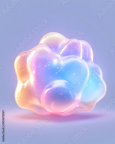 Iridescent, amorphous blob with inner glow, pastel hues, and subtle sparkle against a pale background