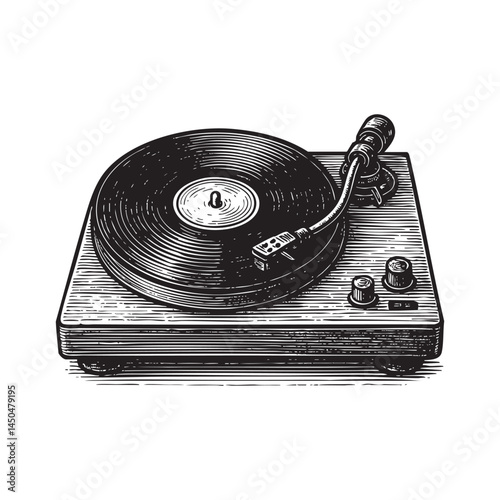 Vinyl record player woodcut engraving vector illustration