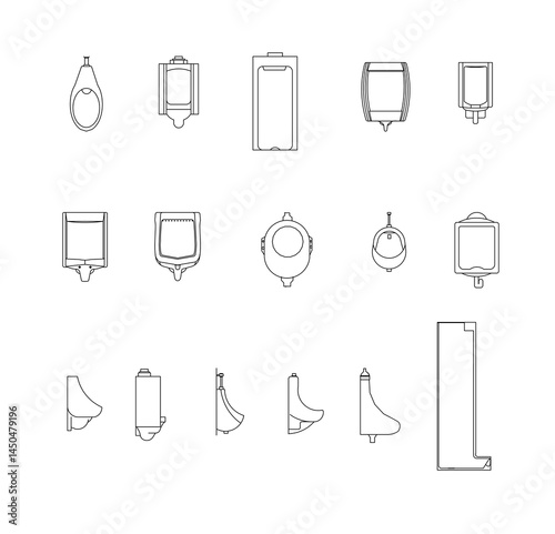 Icon pack featuring front and side view illustrations of bidet designs. Ideal for bathroom design projects, interior design apps, or digital platforms in need of clear, detailed bathroom icons.
