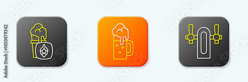 Set line Glass of beer, Wooden mug and Beer tap icon. Vector